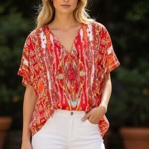 Tommy Bahama Split Neck Tassel Tie Watercolor Tunic Blouse